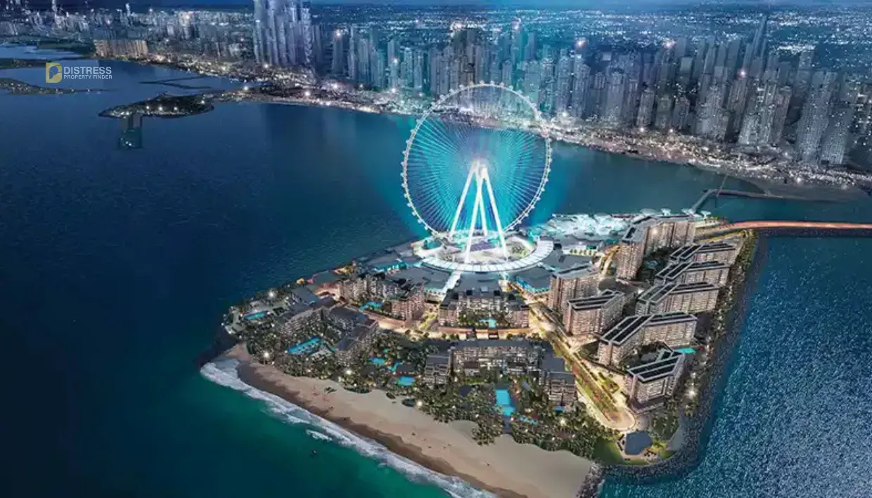 Aerial view of Bluewaters Island in Dubai with Ain Dubai and the Dubai Marina skyline behind