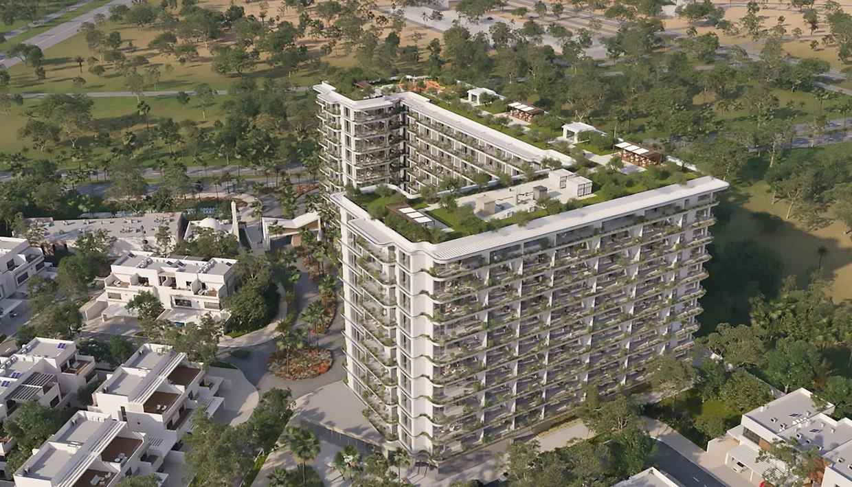 Residential tower and landscaped setting at California Village Dubai