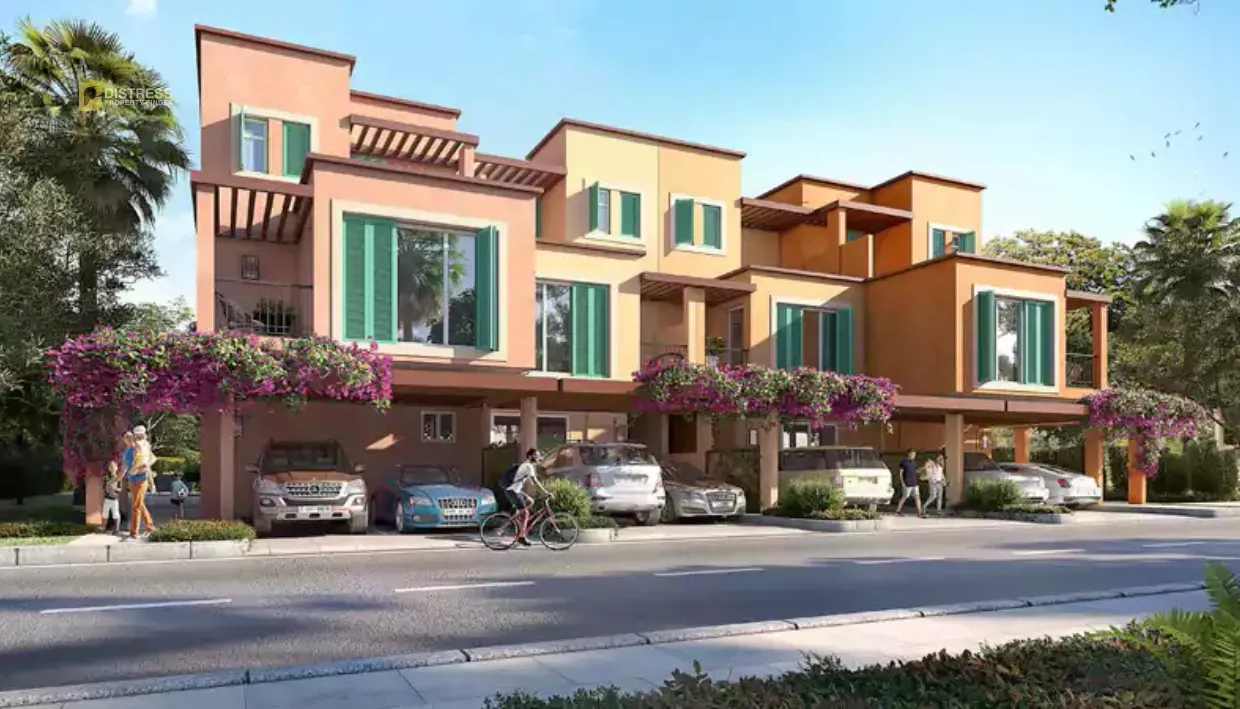 Rendering of terracotta Mediterranean-style townhouses in the Nice cluster at DAMAC Lagoons
