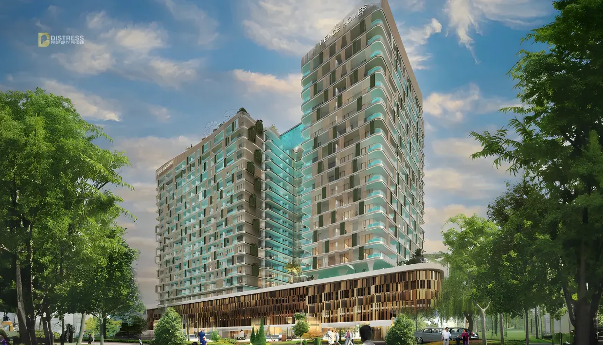 Mid-rise residential towers with balconies facing a landscaped podium at Peace Lagoons in Dubailand Residence Complex