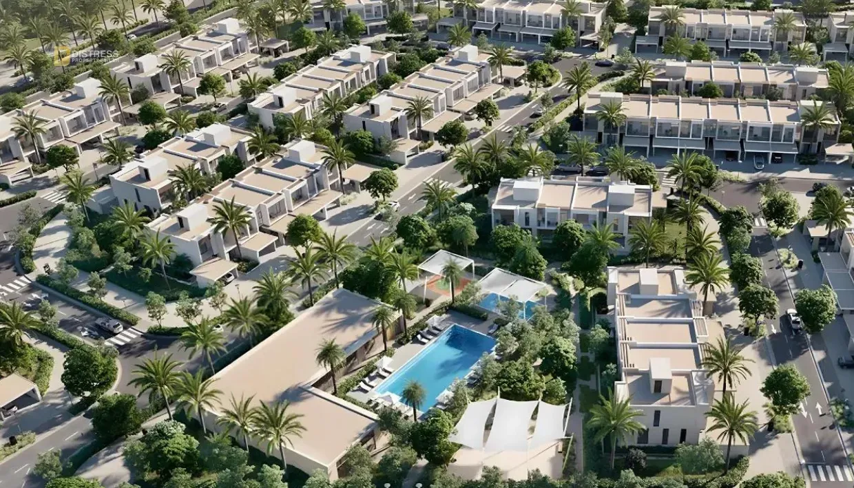 Aerial rendering of Greenway townhouse clusters and a pool at Emaar South