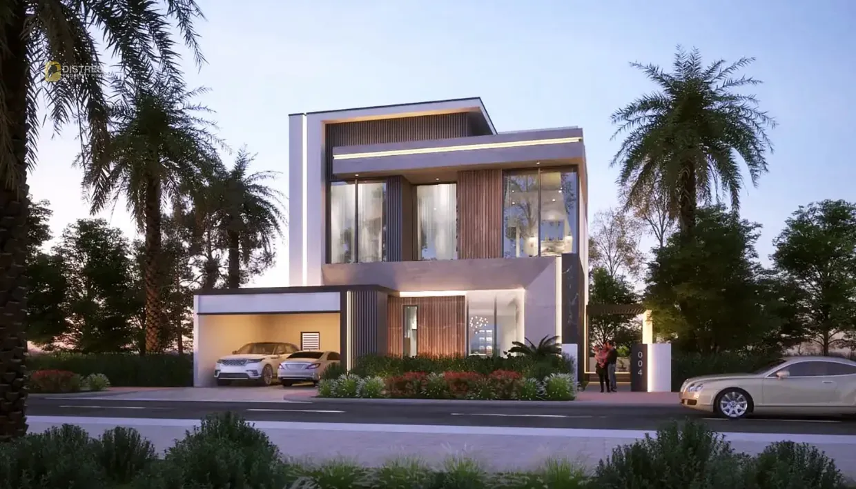Rendering of a modern two-storey villa with a double carport at Paradise Hills in Golf City Dubai