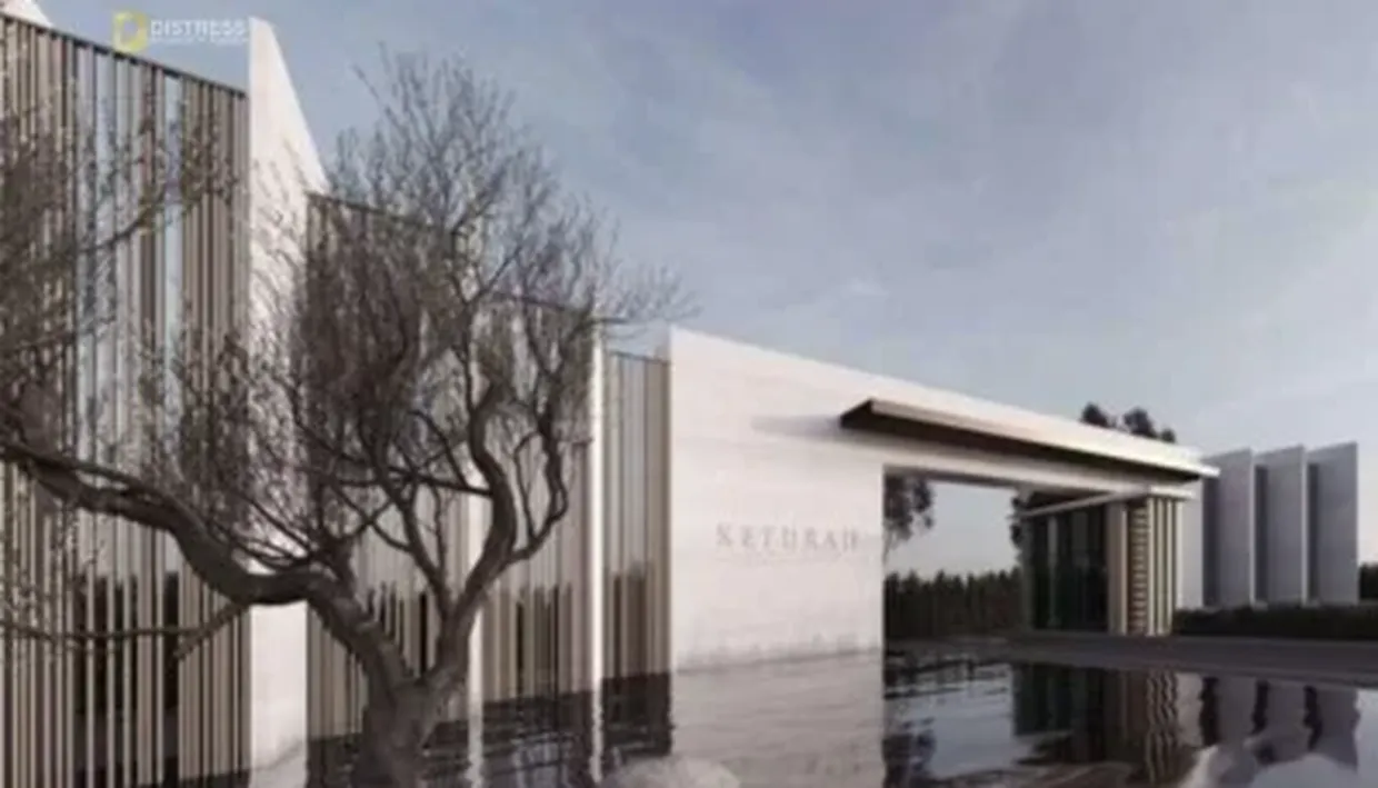 Rendering of a Keturah Reserve residence beside a reflecting pool in District 7, MBR City