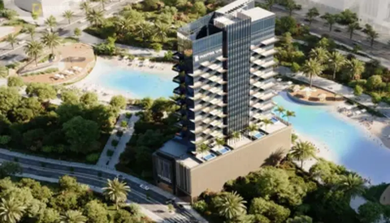 Waterfront residential tower marketing image for The Waterway at Meydan Horizon, Dubai