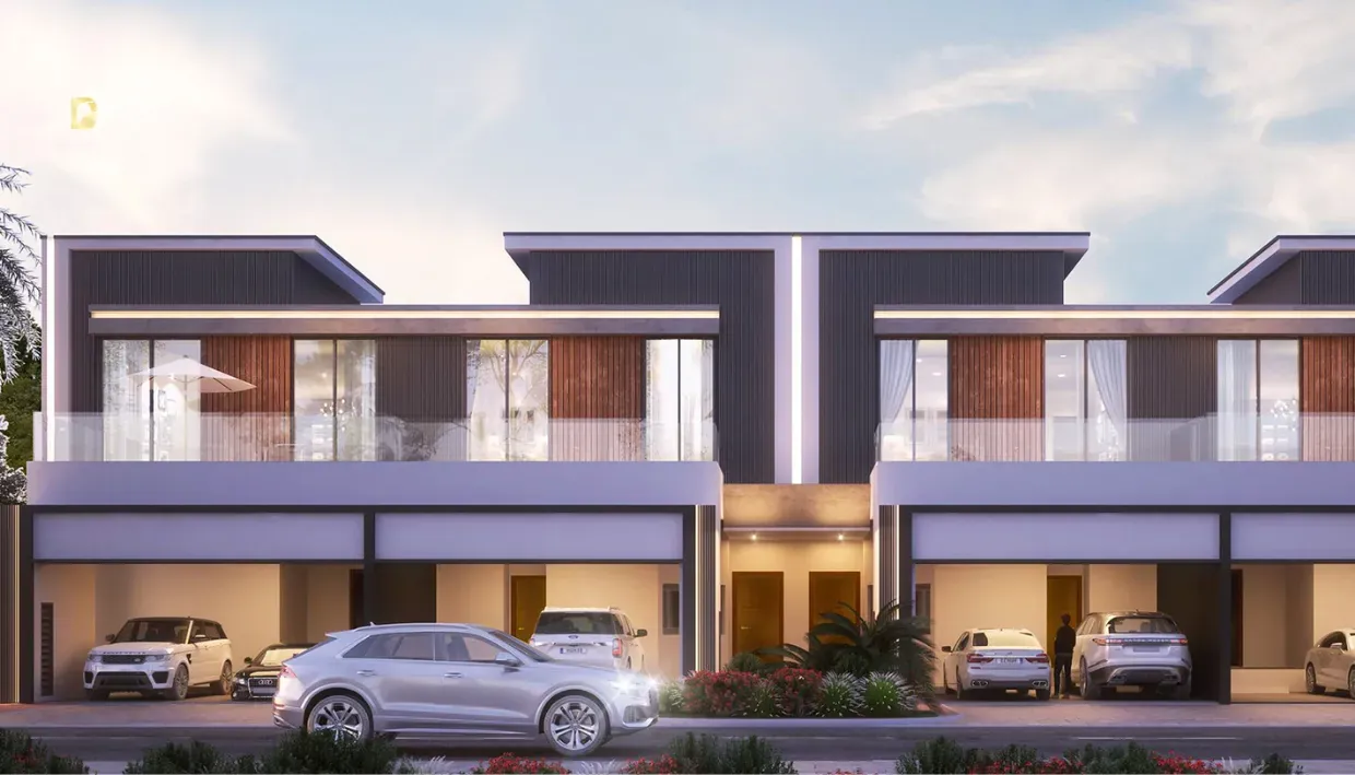 Townhouse row with landscaped streetscape in Paradise Hills at Golf City, Dubai