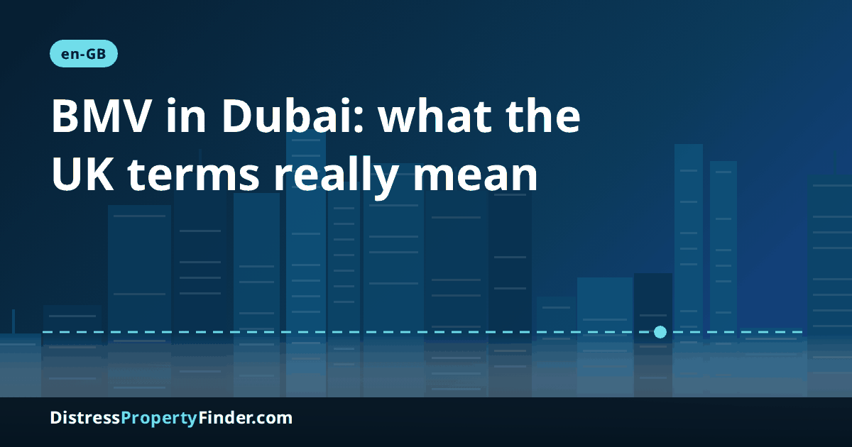 Abstract Dubai skyline at dusk with a headline about BMV property and how UK buyers can verify a below market value flat in Dubai
