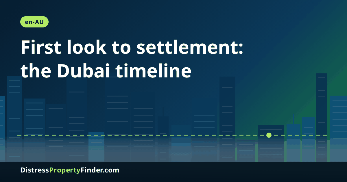 Abstract Dubai skyline at dusk with a headline tracing a below-market property purchase from first listing to settlement day for Australian buyers
