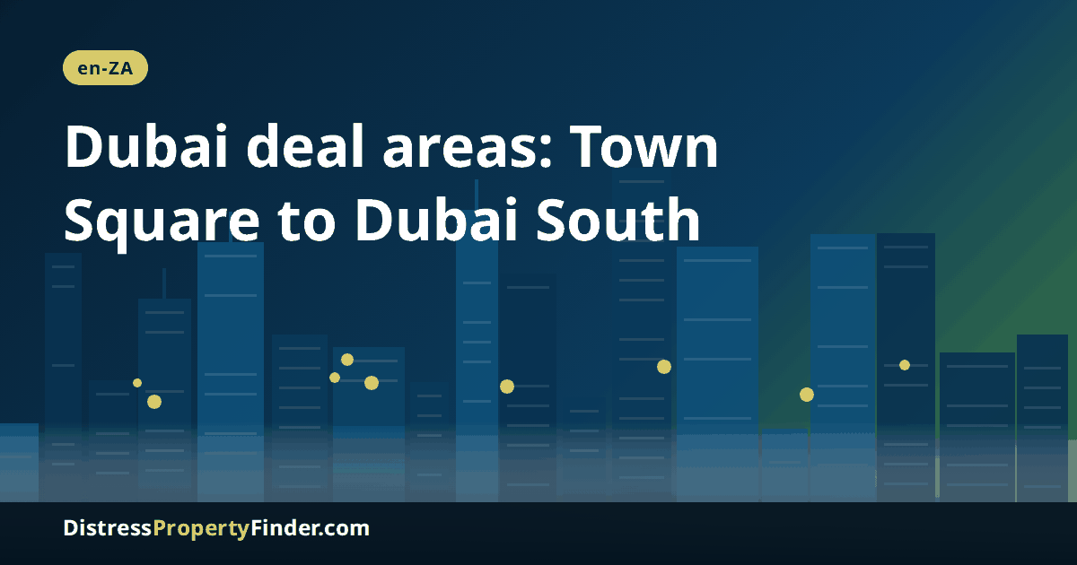Abstract Dubai skyline at dusk with a headline on three suburban communities: Town Square, Arabian Ranches and Dubai South