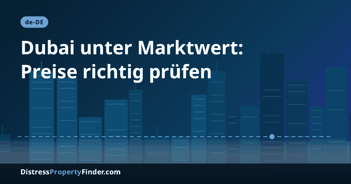 Abstrakte Skyline von Dubai in der Abenddämmerung mit Schriftzug zu notleidenden Immobilien, Bankverwertung und Off-Market-Objekten