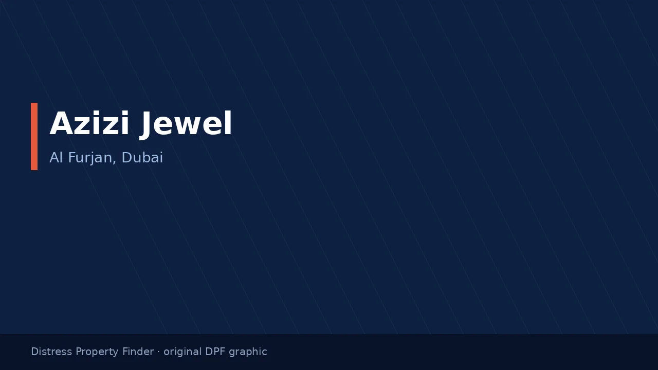 Azizi Jewel name on an original dark blue DPF graphic with a Al Furjan, Dubai subtitle