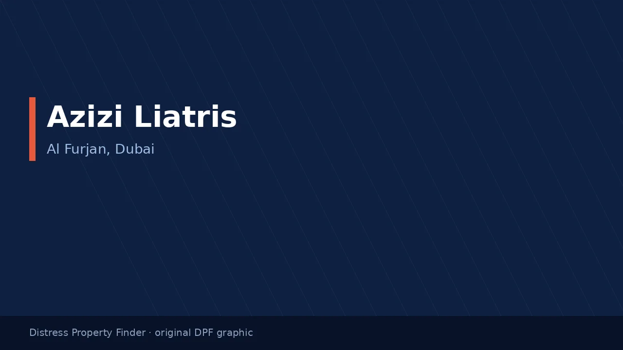 Azizi Liatris name on an original dark blue DPF graphic with a Al Furjan, Dubai subtitle