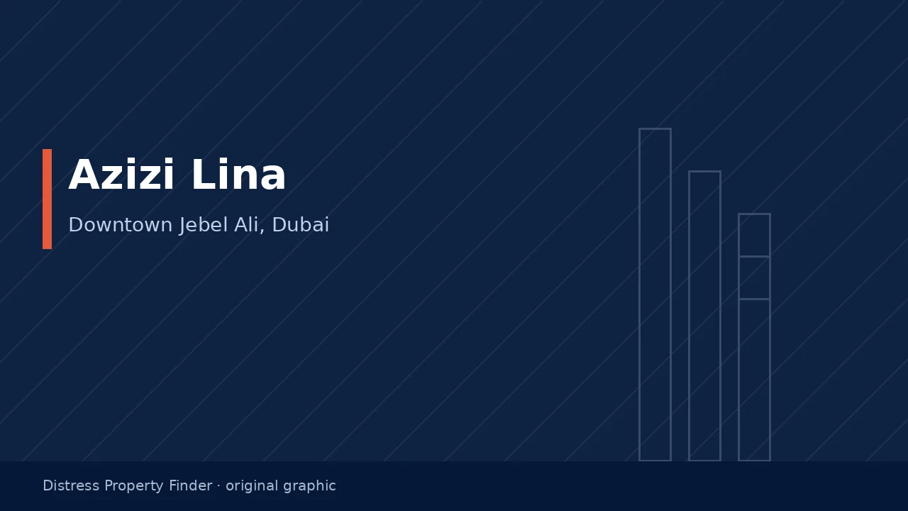 Original DPF graphic with the title Azizi Lina above a Downtown Jebel Ali building subtitle