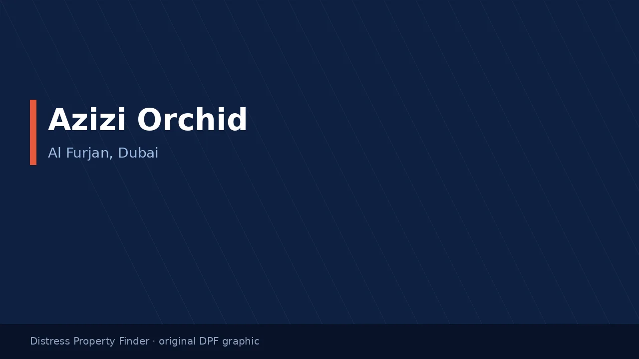 Azizi Orchid name on an original dark blue DPF graphic with a Al Furjan, Dubai subtitle