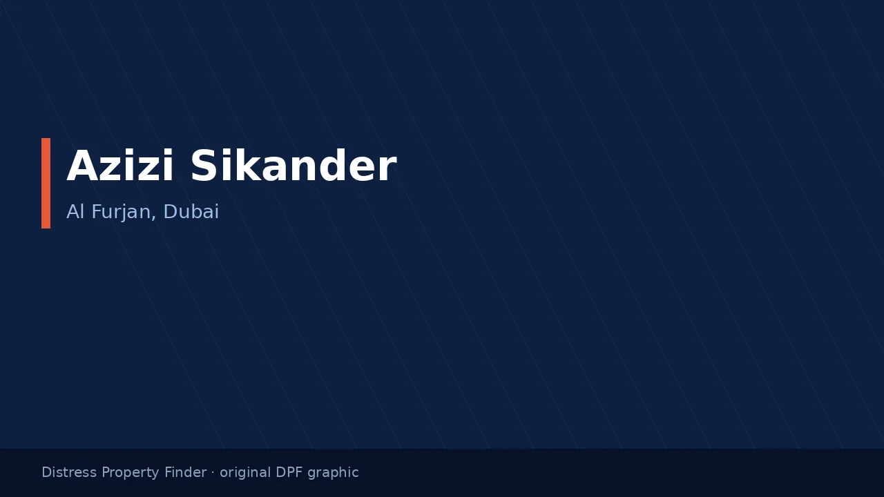 Azizi Sikander name on an original dark blue DPF graphic with a Al Furjan, Dubai subtitle