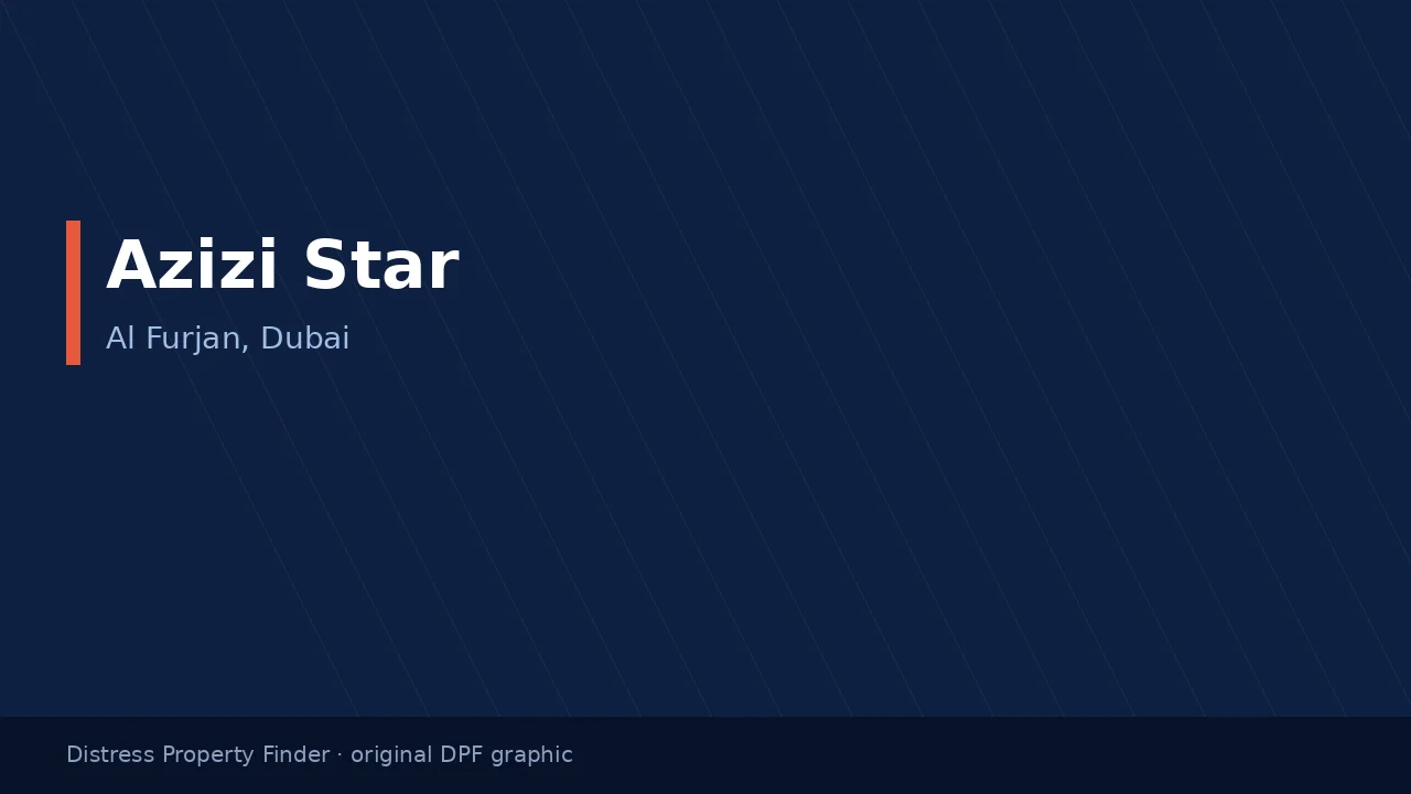 Azizi Star name on an original dark blue DPF graphic with a Al Furjan, Dubai subtitle