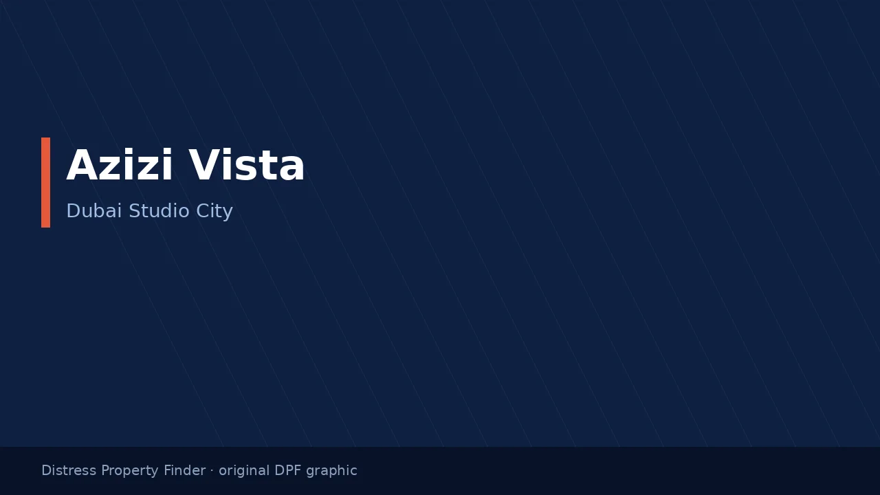 Azizi Vista name on an original dark blue DPF graphic with a Dubai Studio City subtitle