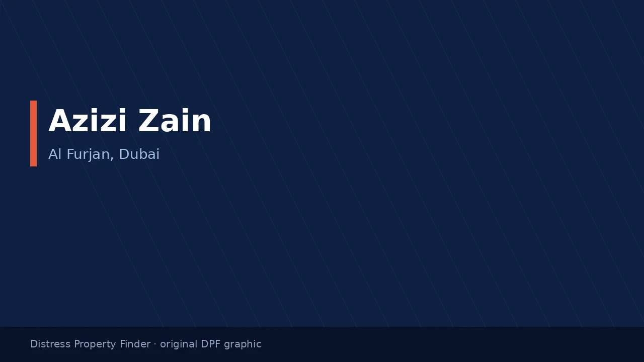 Azizi Zain name on an original dark blue DPF graphic with a Al Furjan, Dubai subtitle
