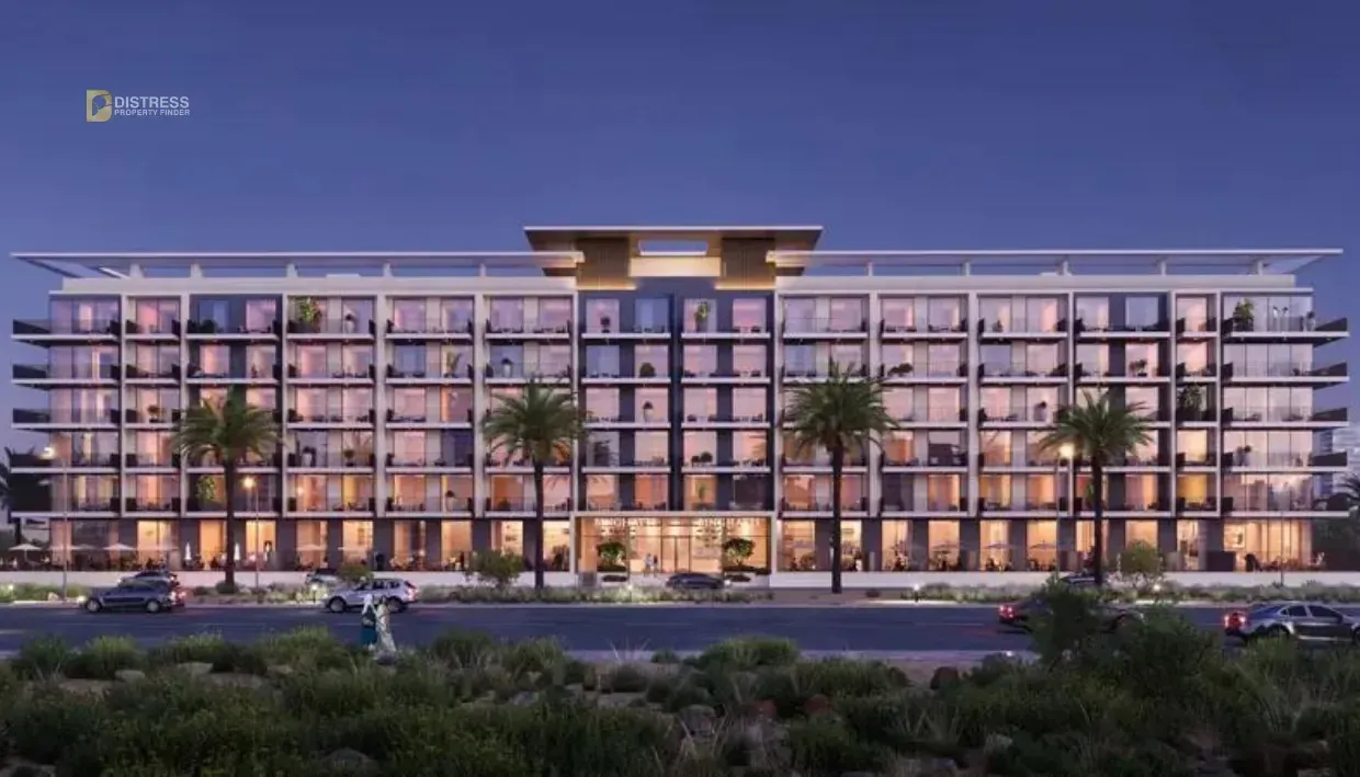 Night rendering of Binghatti Aurora low-rise building in Jumeirah Village Circle
