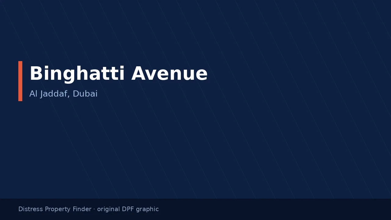Binghatti Avenue name on an original dark blue DPF graphic with an Al Jaddaf subtitle