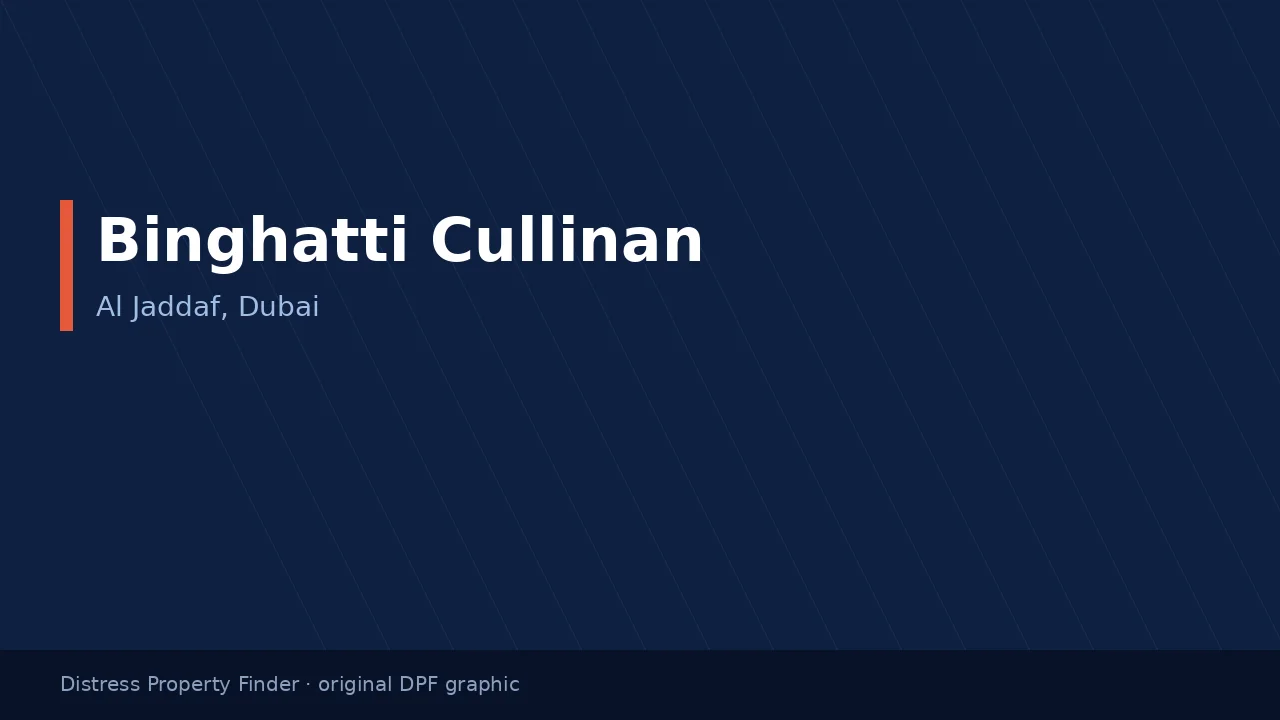 Binghatti Cullinan name on an original dark blue DPF graphic with a Al Jaddaf, Dubai subtitle
