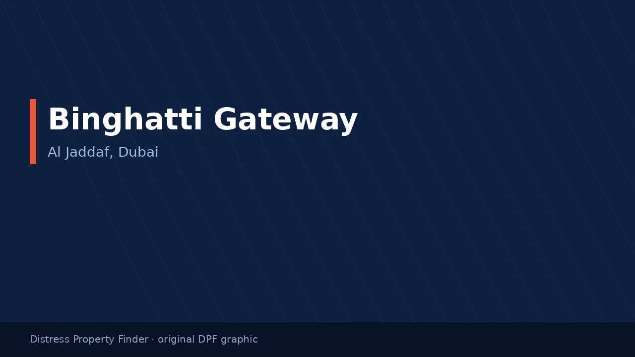Binghatti Gateway name on an original dark blue DPF graphic with a Al Jaddaf, Dubai subtitle