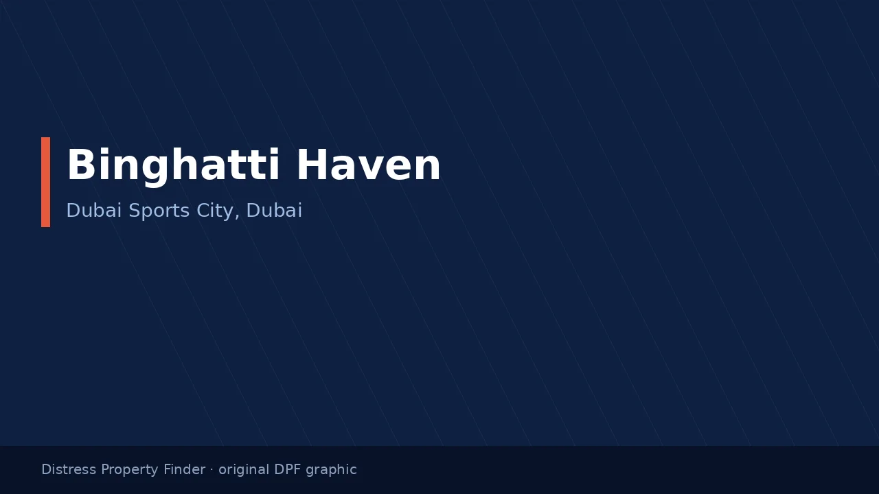 Binghatti Haven name on an original dark blue DPF graphic with a Dubai Sports City, Dubai subtitle