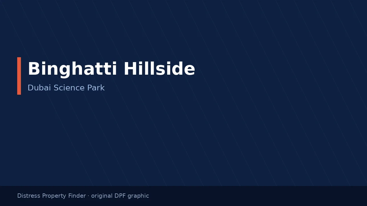 Binghatti Hillside name on an original dark blue DPF graphic with a Dubai Science Park subtitle