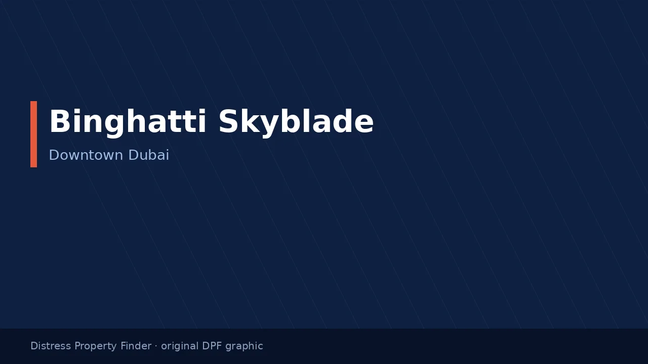 Binghatti Skyblade name on an original dark blue DPF graphic with a Downtown Dubai subtitle