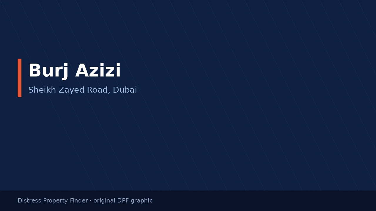 Burj Azizi name on an original dark blue DPF graphic with a Sheikh Zayed Road, Dubai subtitle