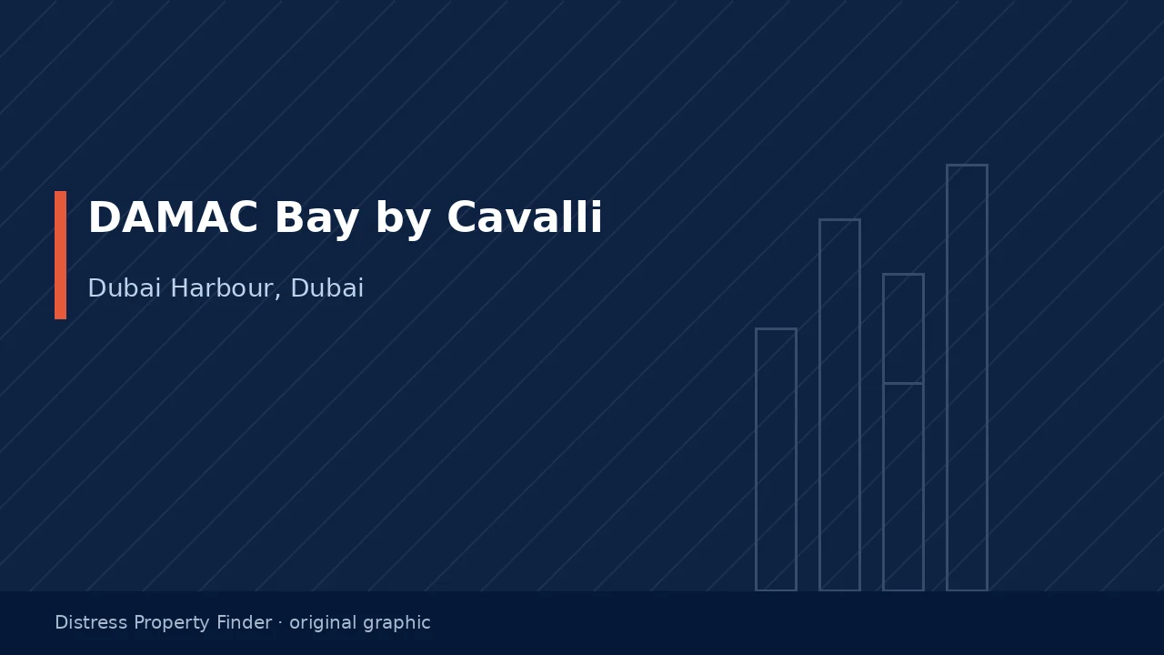 Original DPF graphic with the title DAMAC Bay by Cavalli above a Dubai Harbour building subtitle