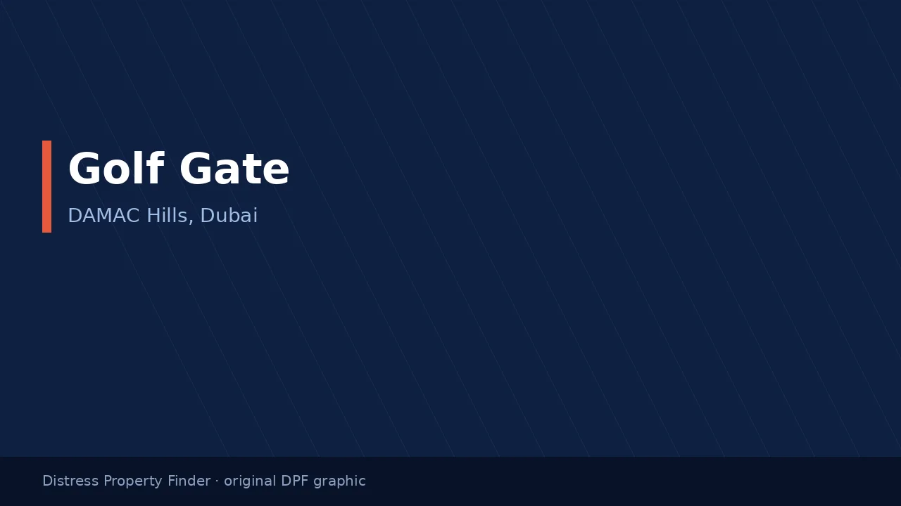 Golf Gate name on an original dark blue DPF graphic with a DAMAC Hills, Dubai subtitle