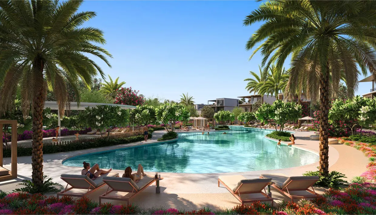 Landscaped pool and gardens at Nad Al Sheba Gardens by Meraas