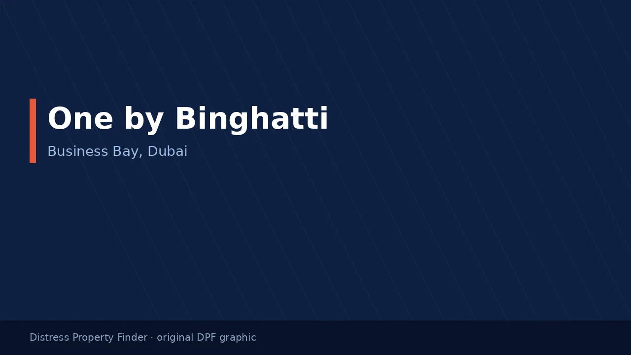One by Binghatti name on an original dark blue DPF graphic with a Business Bay, Dubai subtitle