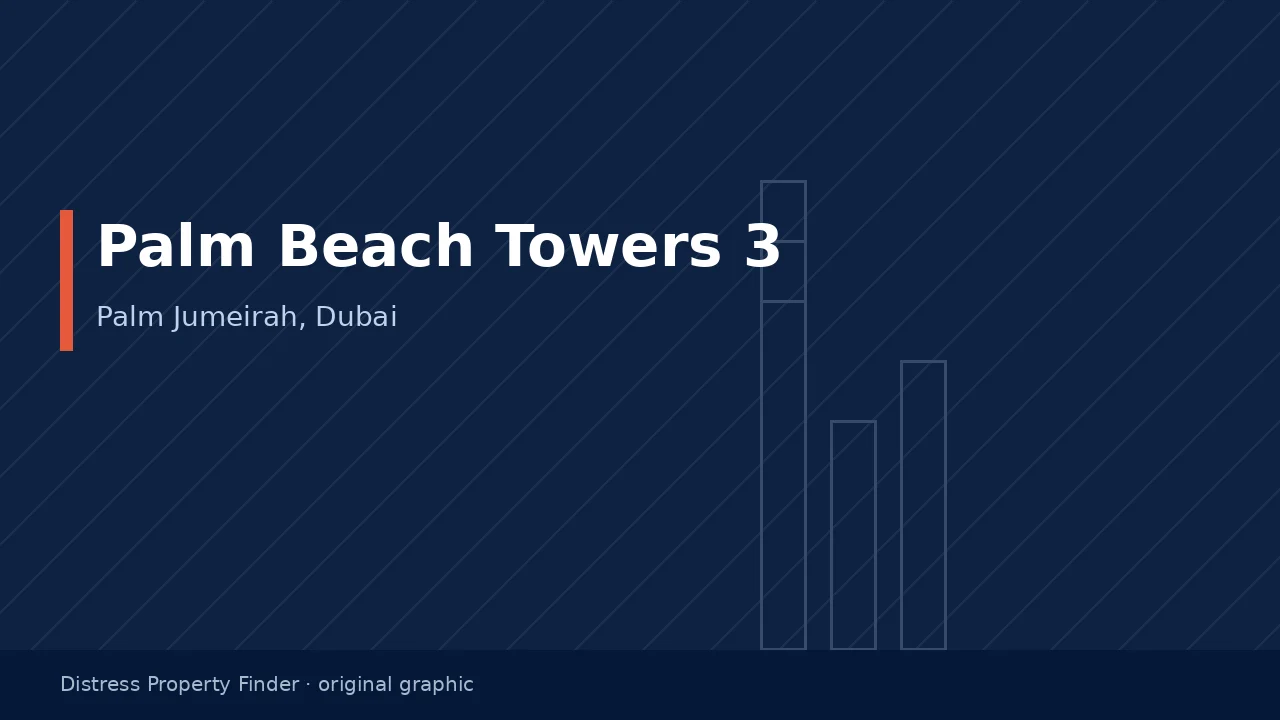 Original DPF graphic with the title Palm Beach Towers 3 and a Palm Jumeirah, Dubai subtitle on a navy field