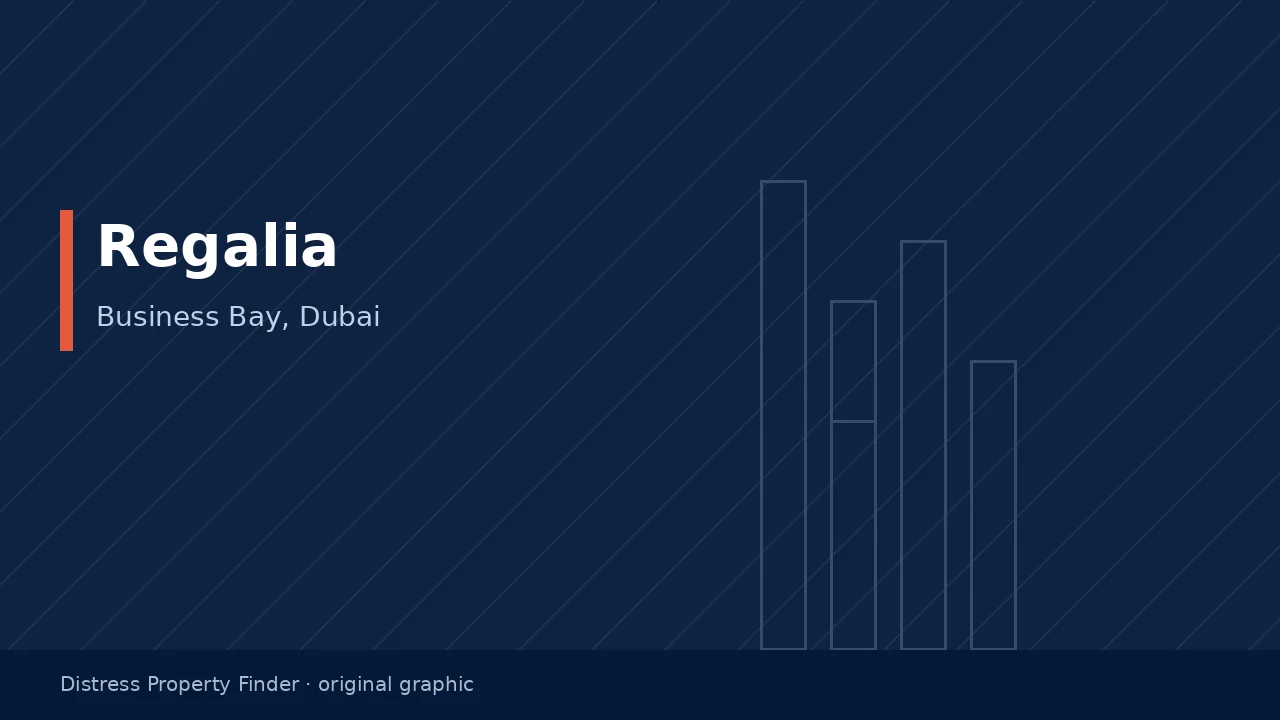 Original DPF graphic with the name Regalia and a Business Bay, Dubai subtitle set on a dark blue background