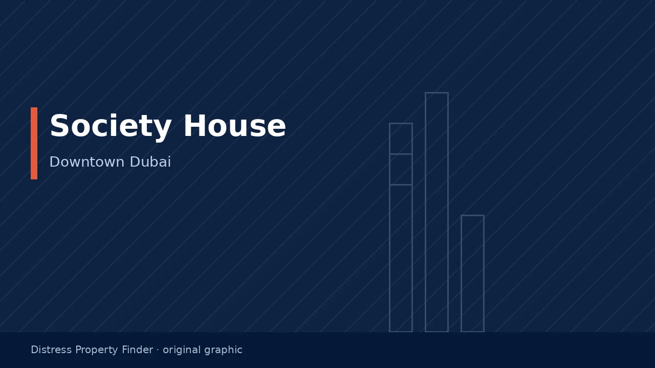 Original DPF graphic with the name Society House and a Downtown Dubai subtitle on a midnight blue background