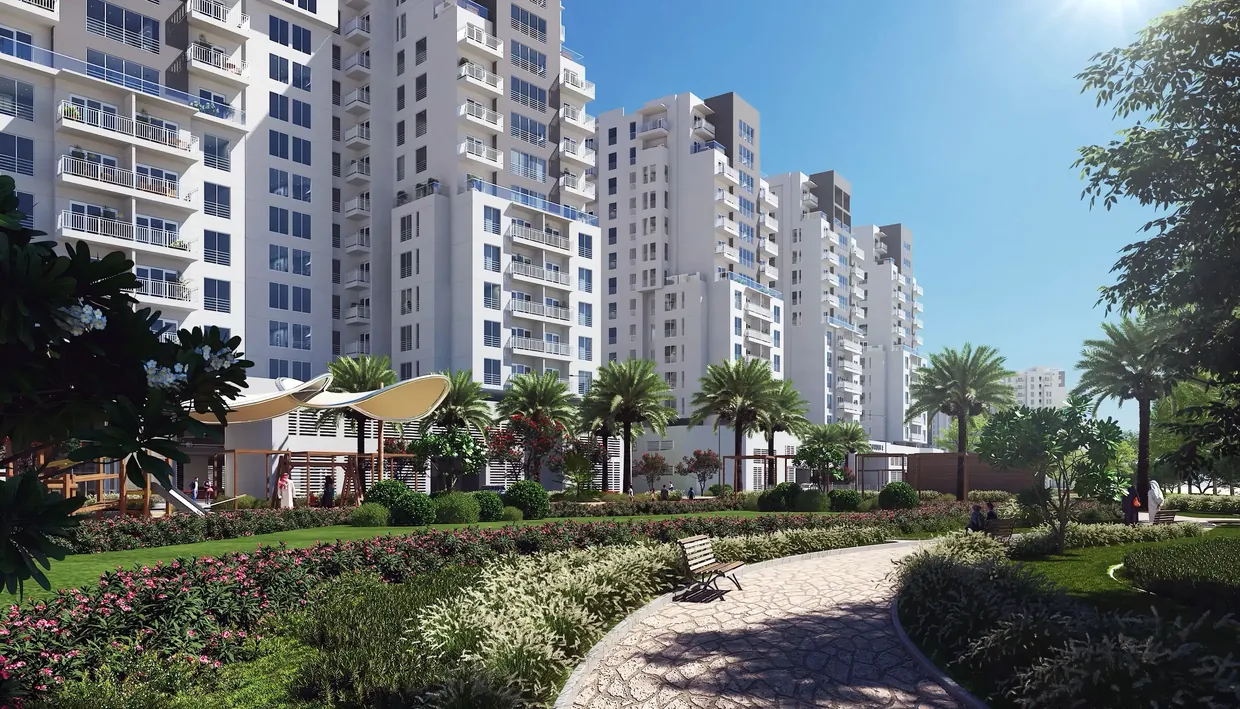 Landscaped South Garden buildings and green courtyard at Wasl Gate by Wasl