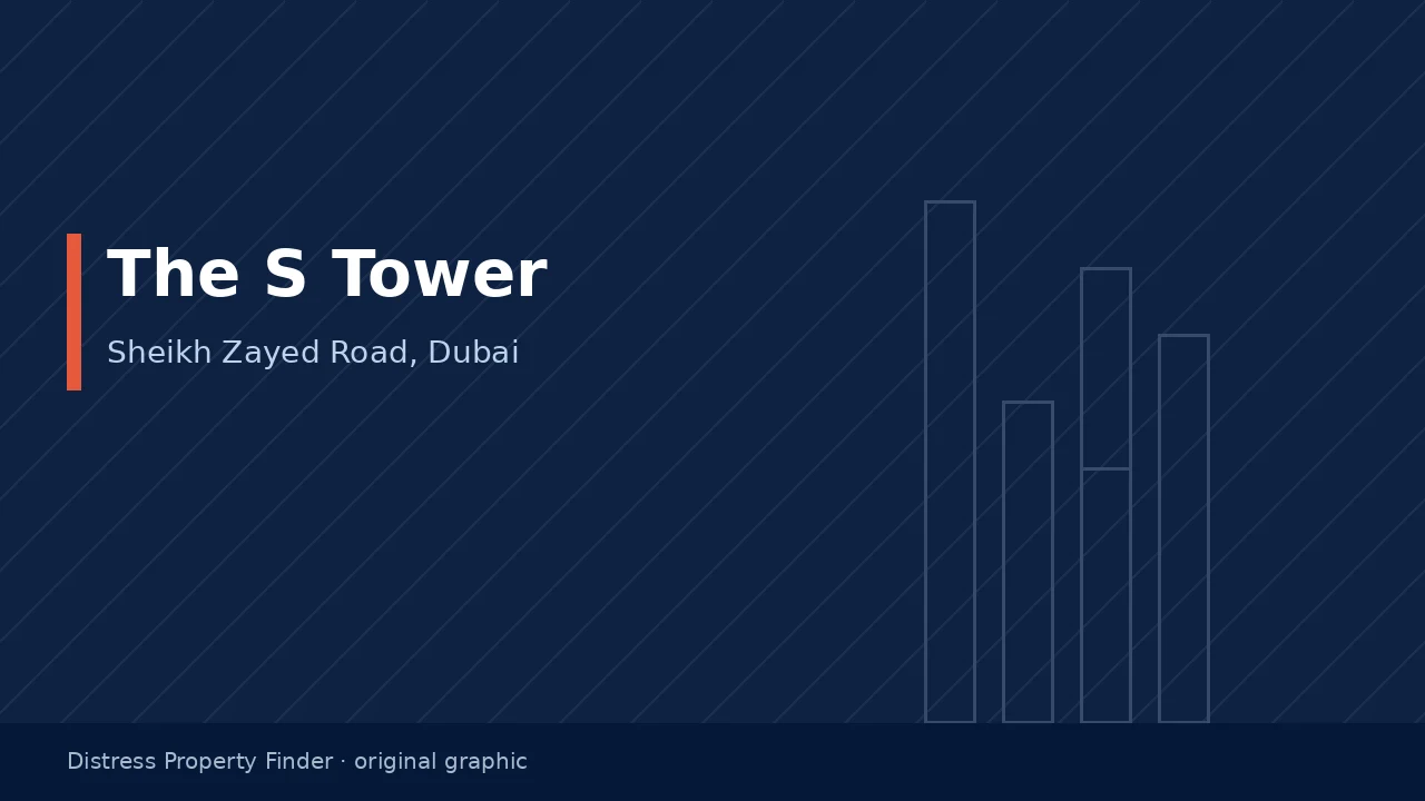 Original DPF graphic showing the name The S Tower with a Sheikh Zayed Road, Dubai subtitle on a dark blue ground