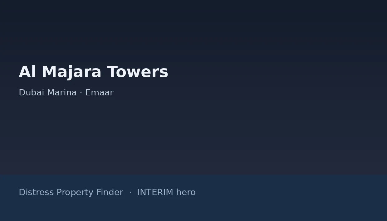 Al Majara Towers name on a dark blue DPF interim hero graphic