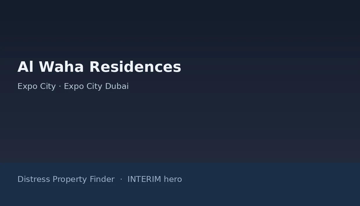 Al Waha Residences name on a dark blue DPF interim hero graphic