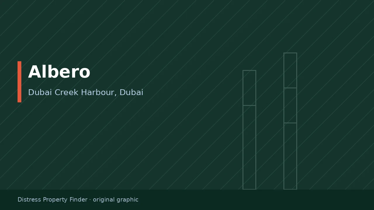 Original DPF graphic with the word Albero above a Dubai Creek Harbour, Dubai subtitle