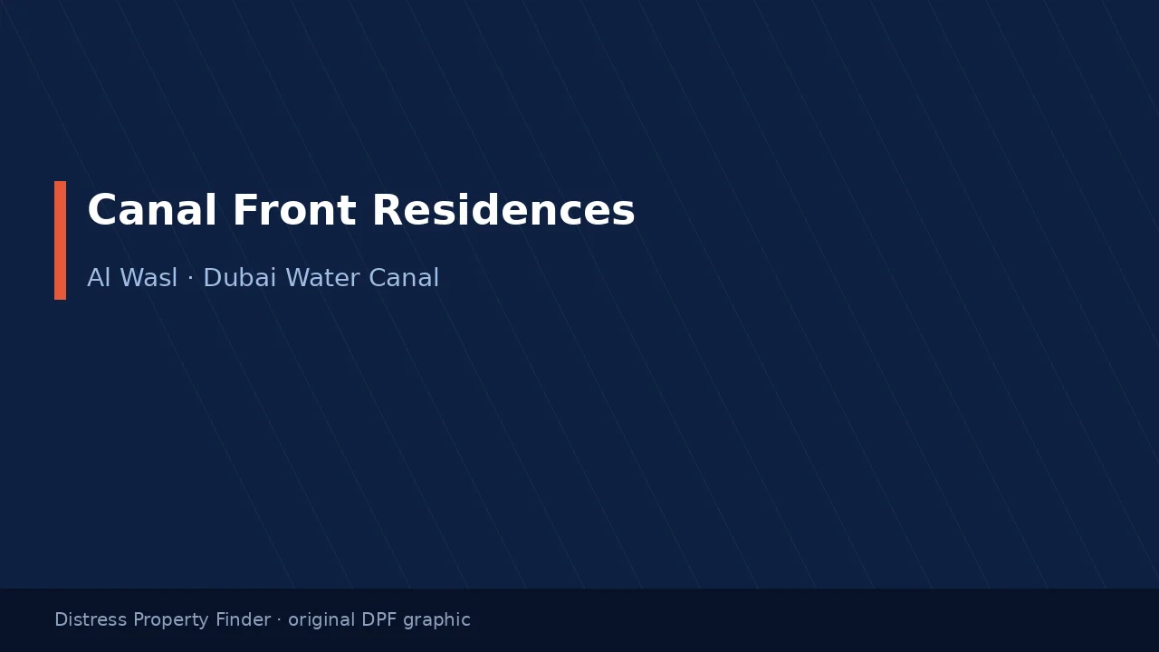 Canal Front Residences title on an original dark blue DPF graphic