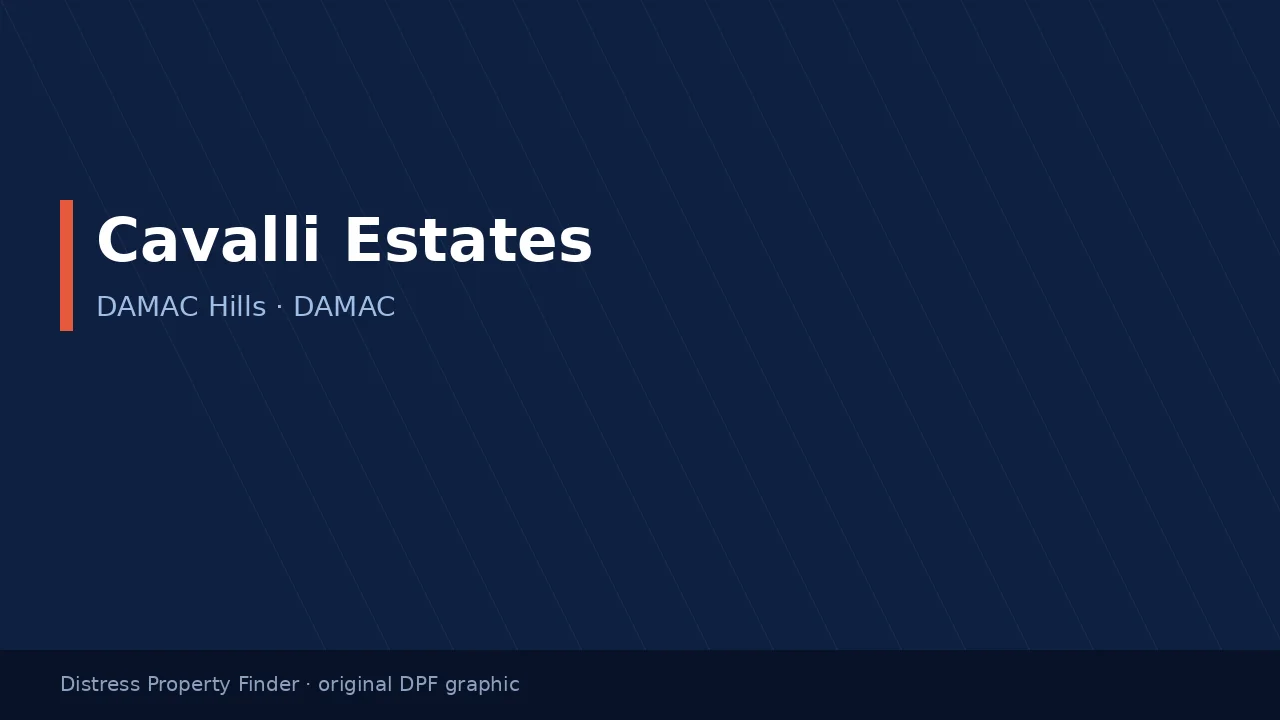 Cavalli Estates name on an original dark blue DPF graphic with DAMAC Hills subtitle