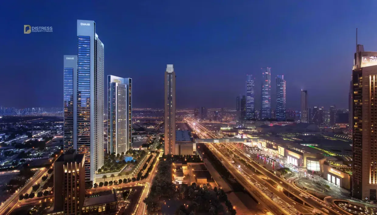 Night view of Downtown Dubai towers and Dubai Mall from Il Primo