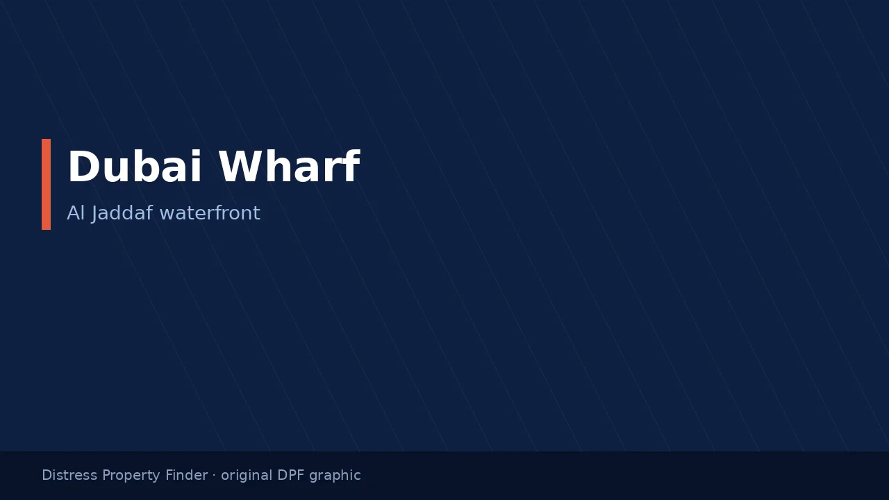 Dubai Wharf title on an original dark blue DPF graphic