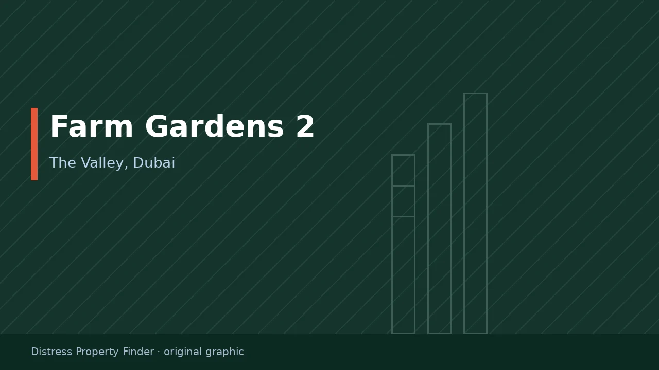 Original DPF graphic featuring Farm Gardens 2 in white above a The Valley, Dubai subtitle on a muted green background