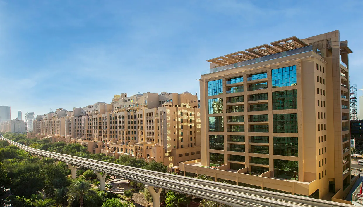 Golden Mile residential buildings beside the Palm Monorail on Palm Jumeirah, Dubai