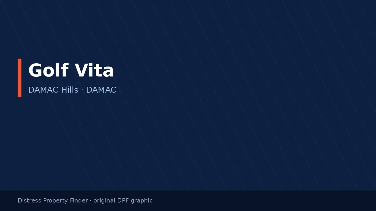 Golf Vita name on an original dark blue DPF graphic with DAMAC Hills subtitle