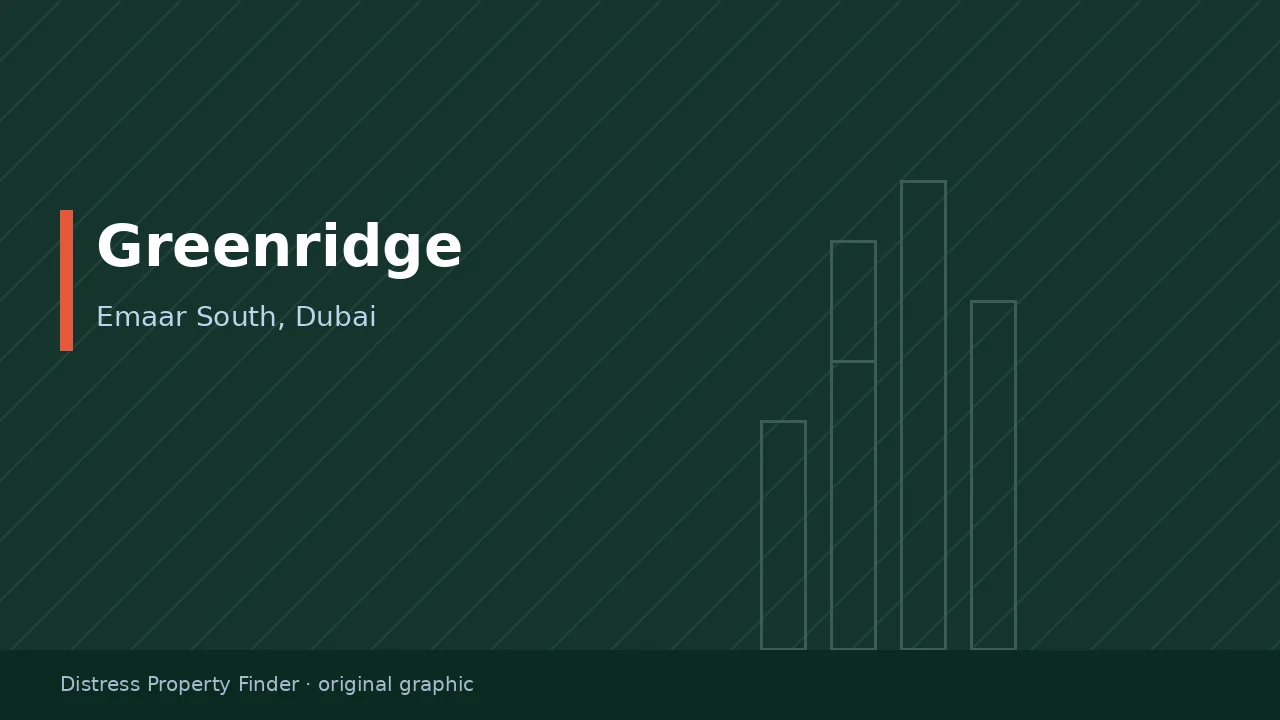 Original DPF graphic showing the word Greenridge above an Emaar South, Dubai subtitle on a dark green background