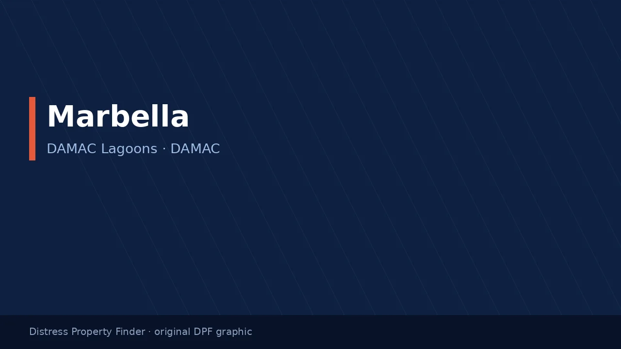 Marbella name on an original dark blue DPF graphic with DAMAC Lagoons subtitle
